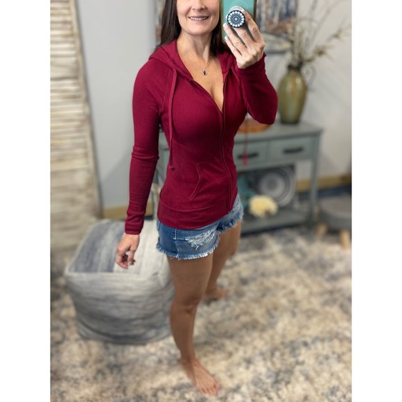 ❤️‍🔥Waffle Thermal Zip Up Kangaroo Pocket Hoodie Wine 4422 - Picture 4 of 7